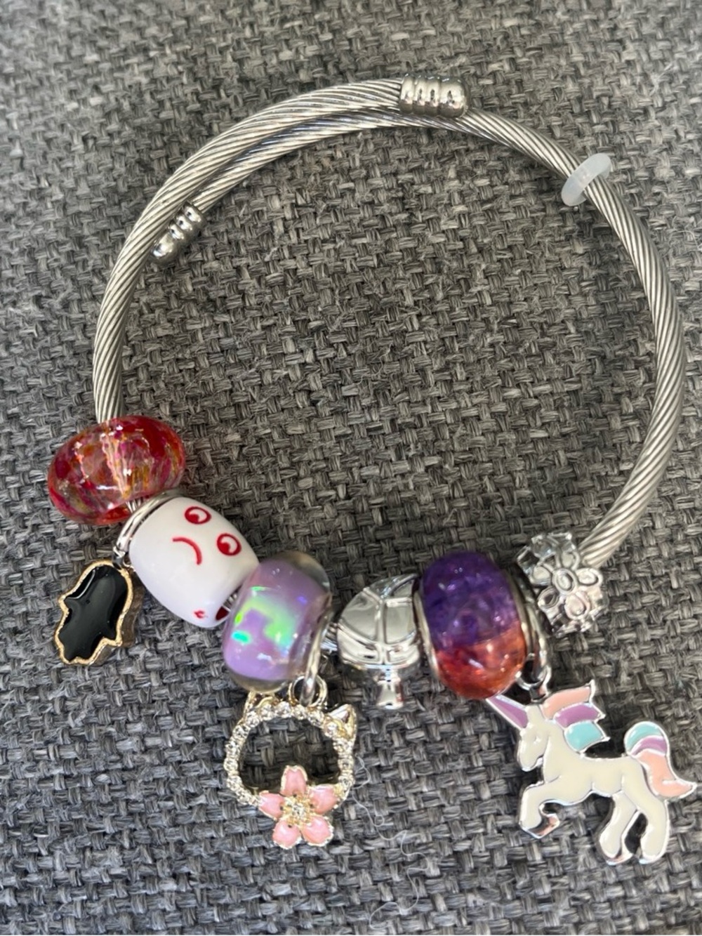 Kids Silver Charm Bangle Bracelet with Purple and White Beads - Unbranded
